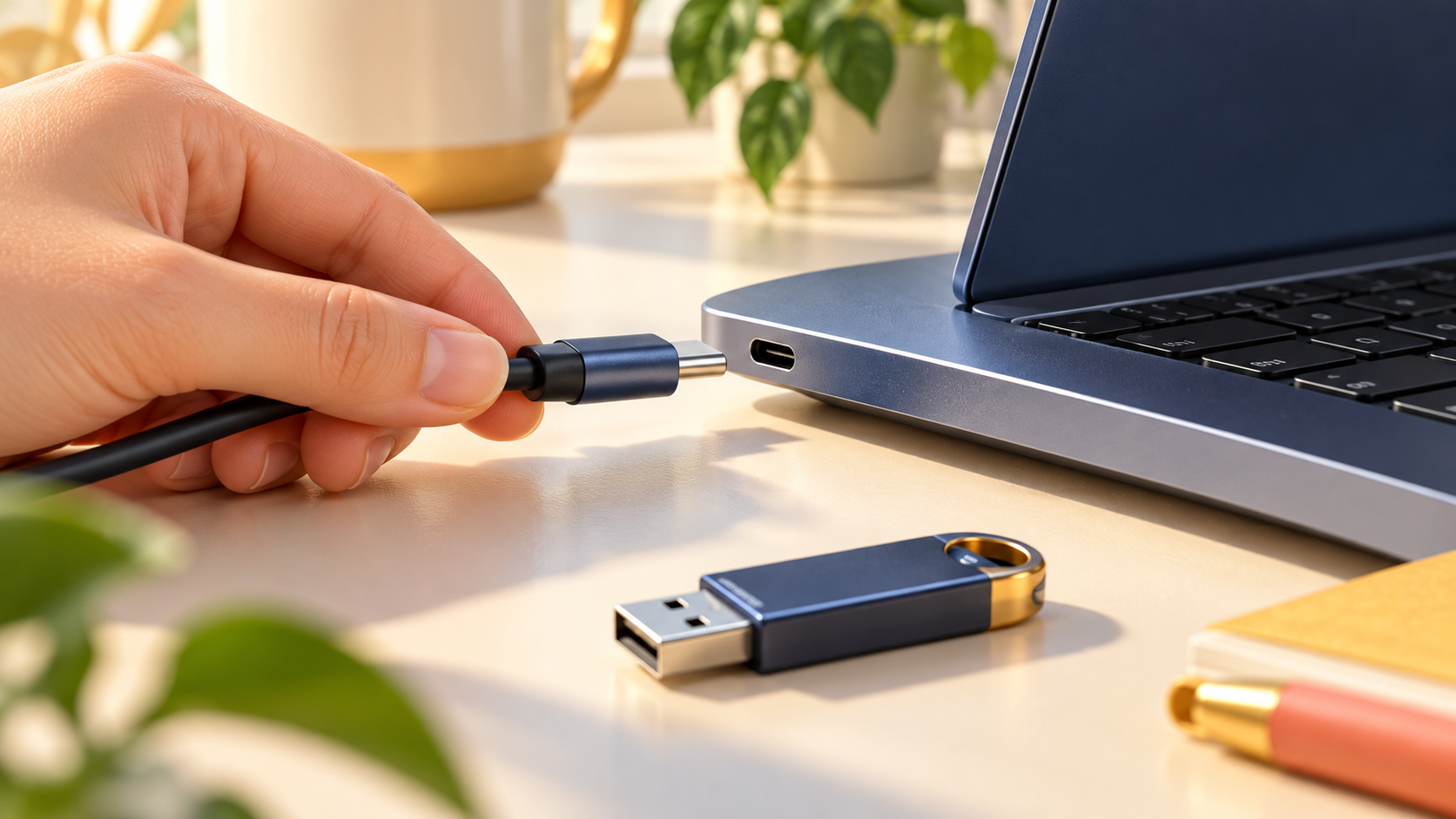 USB 포트와 케이블, 저장 장치를 살펴보는 모습입니다.