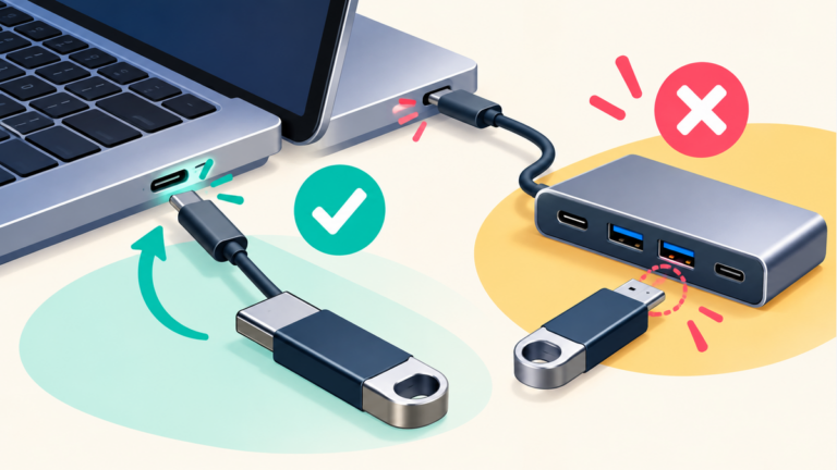 노트북에 USB 케이블을 직접 연결하고 허브 연결과 비교하는 장면입니다.